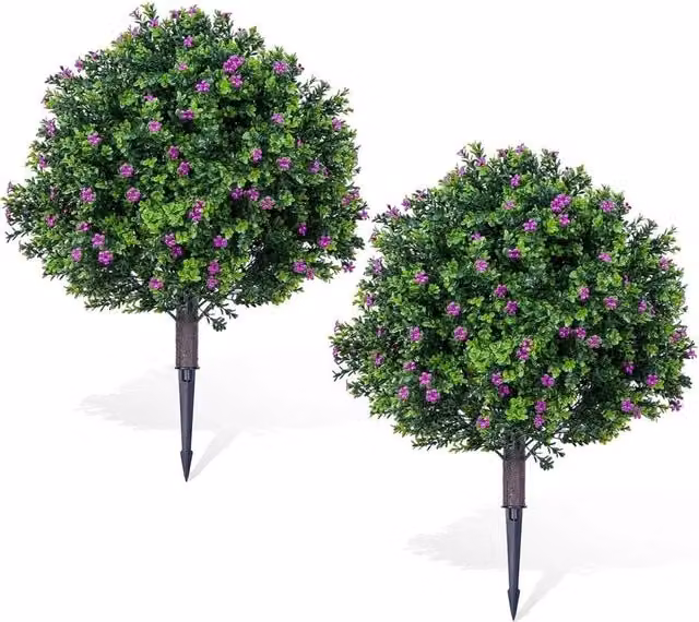 VOGREX Set of 2 Green Artificial Cedar Round Topiary Ball Trees with Ground Spikes