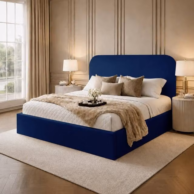 Desire Deco Lucia Upholstered Plush Velvet Panel Bed Frame in Blue, W/D/H: 140 x 200 cm