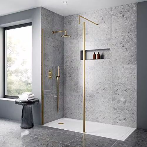 nuie WRSCOBB10 Modern Single Panel Fixed Wetroom Screen with Support Arm, Brushed Brass/Gold, Width: 1000 mm – 2