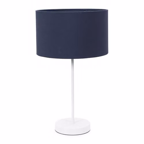 ValueLights Charlie White Metal Single Stem Table Lamp with Navy Blue Fabric Drum Shade