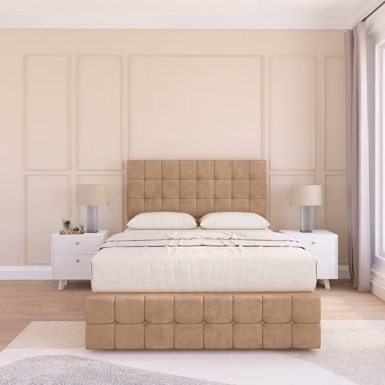 Sloomy Berlin Chesterfield Divan Bed Base with Headboard in Beige, W/D/H: 140 x 200 cm