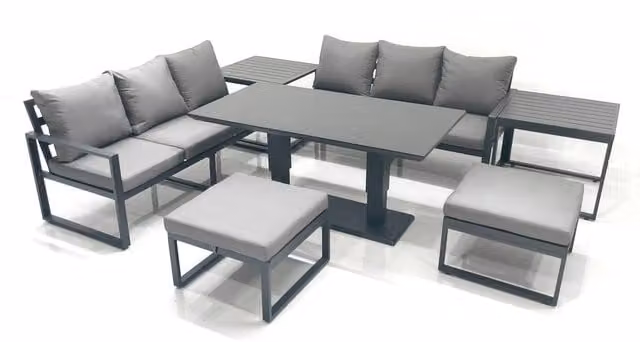 Fimous 8 Seater Aluminium Outdoor Garden Furniture Set in Dark Grey with Adjustable Rising Dining Table, 3 Seater Sofa, 2 Footstools and 2 Side Tables