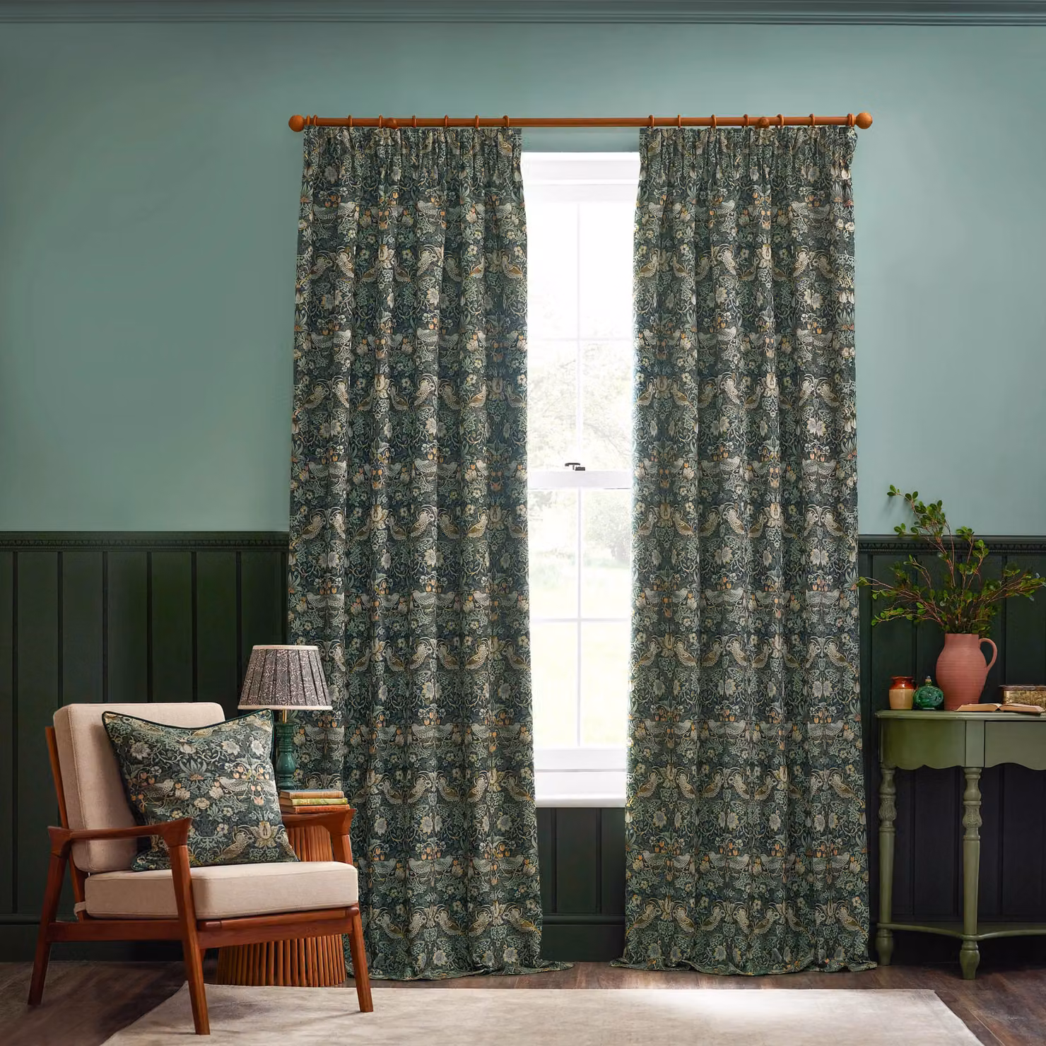 Morris & Co Strawberry Thief Jacquard Floral Room Darkening Pencil Pleat Curtain Pair in Green, Width: 168 cm, Drop: 229 cm – 2
