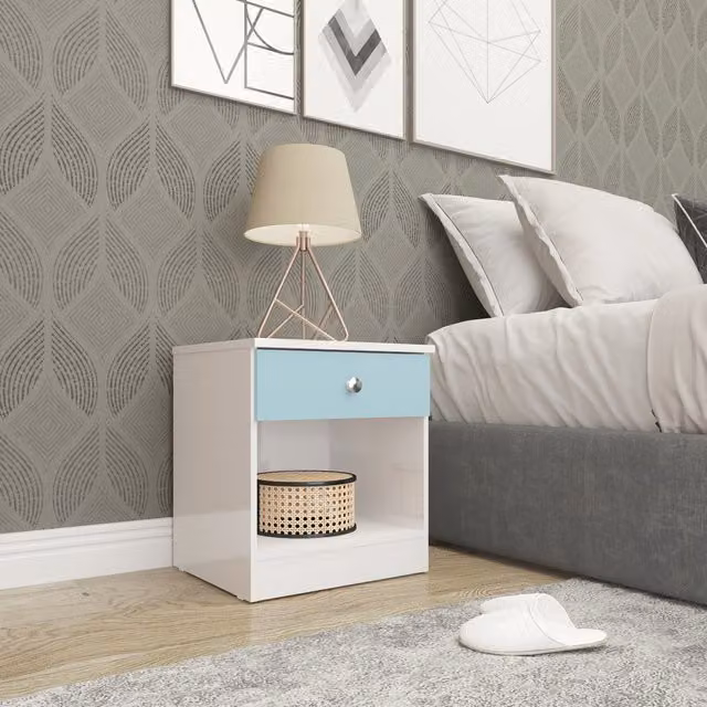 Seconique Denver 1 Drawer Bedside Table in White and Blue Gloss