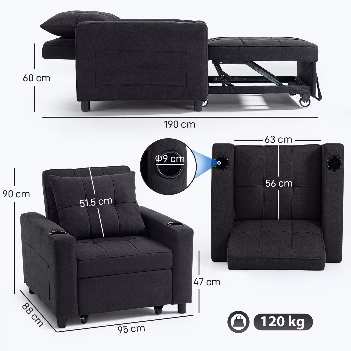 HOMCOM 3-in-1 Single Sofa Bed, Convertible Sleeper Chair with Armrests in Black – 3