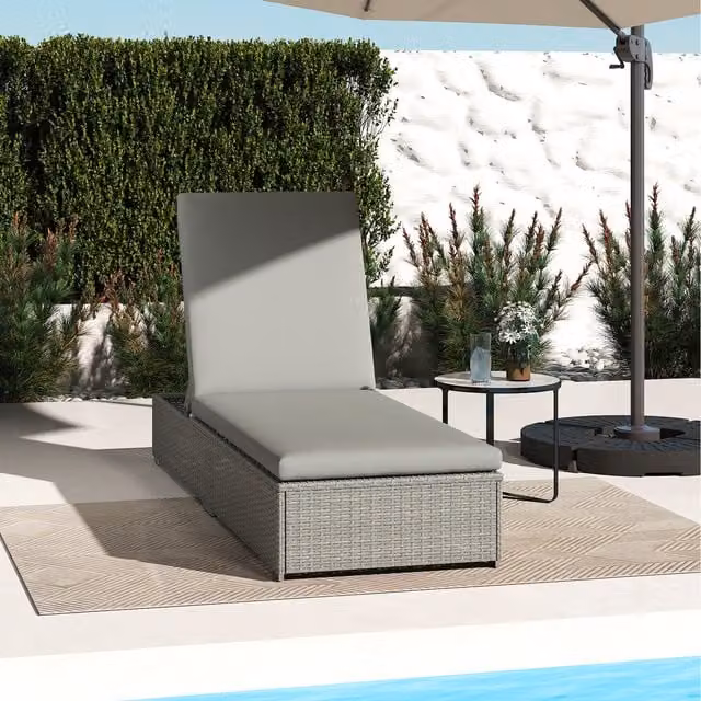 Outsunny Single PE Rattan Sun Lounger with Adjustable Headrest in Grey