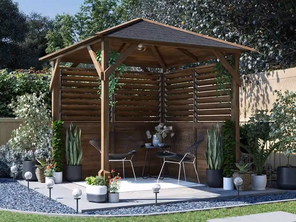 Dunster House Utopia 200 Wooden Gazebo with Louvre Wall and Bitumen Shingles in Brown – 3