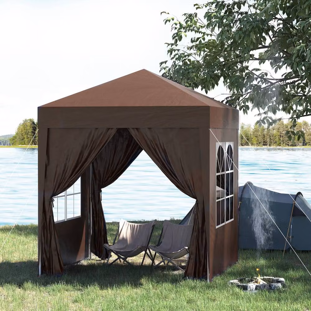 Outsunny Brown Pop Up Gazebo with Windows and Steel Frame, W/D/H: 200 x 200 x 240 cm – 3