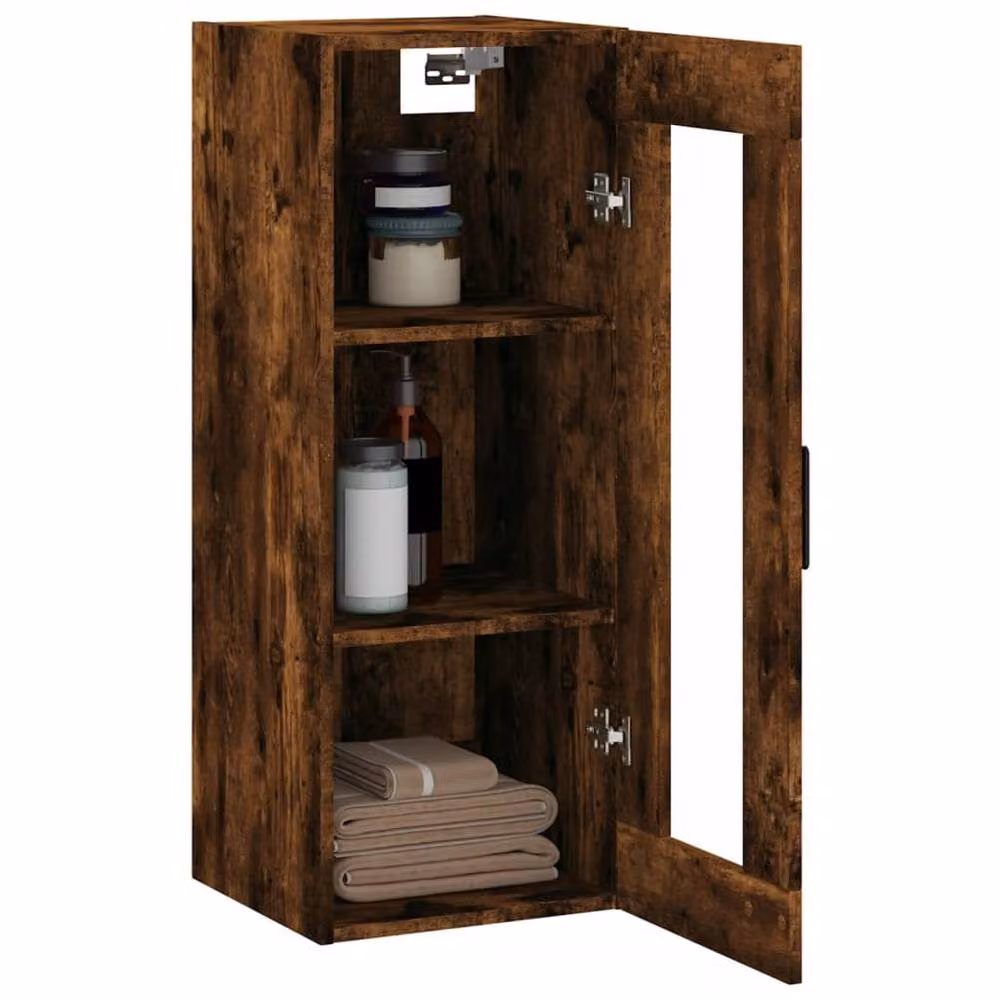 Berkfield Home Wall Mounted Smoked Oak Cabinet with Glass Doors in Brown, W/D/H: 34.5 x 34 x 90 cm – 5
