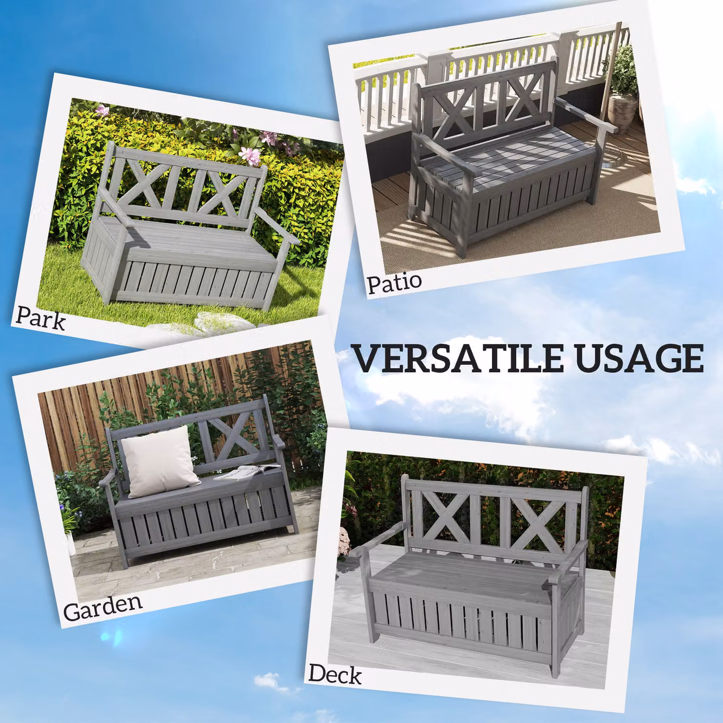 Outsunny 2-Seater Garden Storage Bench in Grey Treated Hardwood with Armrests, W/D/H: 115 x 85 x 220 cm – 7