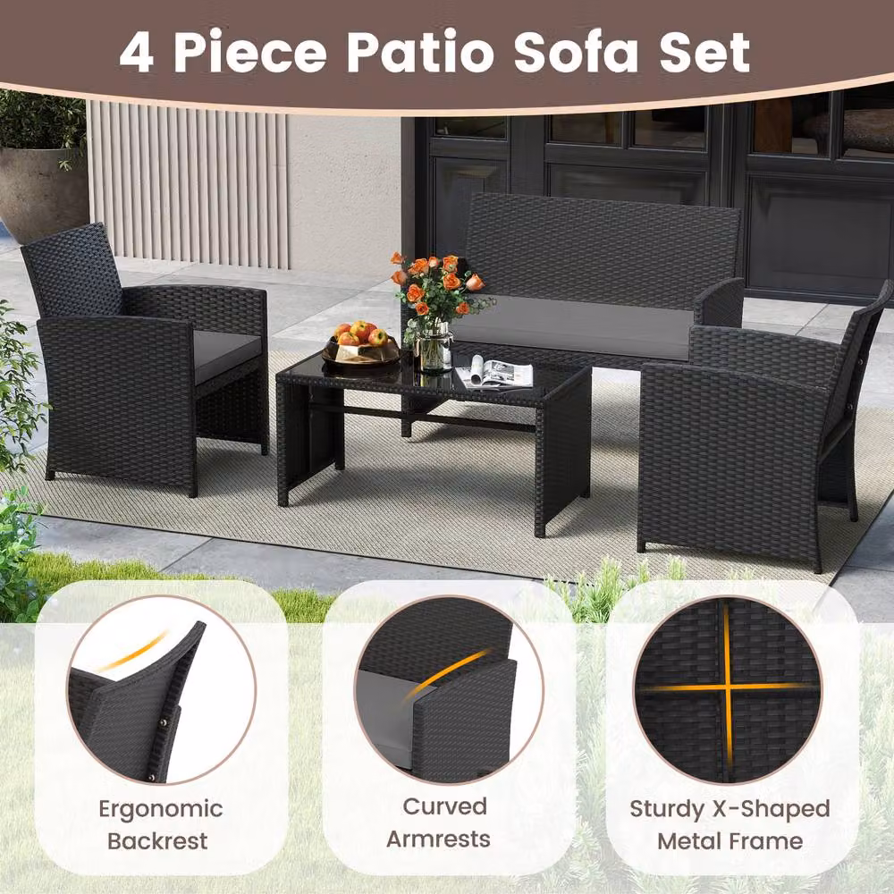 Costway 4-Piece Grey Polyrattan Patio Conversation Set with Upholstered Cushions and Coffee Table – 7