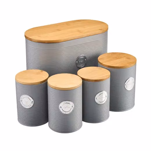 Cooks Professional 5 Piece Ribbed Tea Coffee Sugar Bread and Biscuit Canister Set with Airtight Bamboo Lids in Grey and Silver – 2