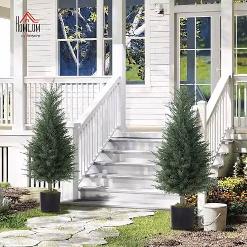 HOMCOM Set of 2 Green Artificial Cypress Trees with Plastic Pots, Height: 90 cm – 2
