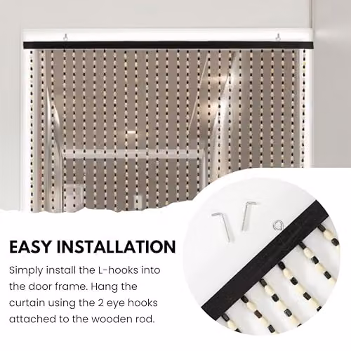 Novecrafto Handmade Wooden Beaded Door Curtain with Hooks, White and Black Pattern, W: 90 cm, H: 200 cm – 5