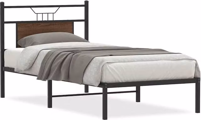 Berkfield Home Small Single Wood and Metal Bed Frame in Brown Oak, W: 75 cm, H: 91.5 cm, L: 190 cm