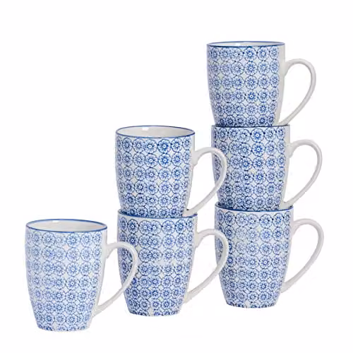 Nicola Spring Hand-Printed Floral Porcelain Mugs, 330ml, Blue, Pack of 6