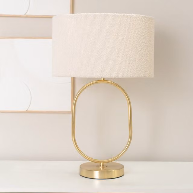 Antonia Brushed Gold Oval Table Lamp with Beige Boucle Drum Shade
