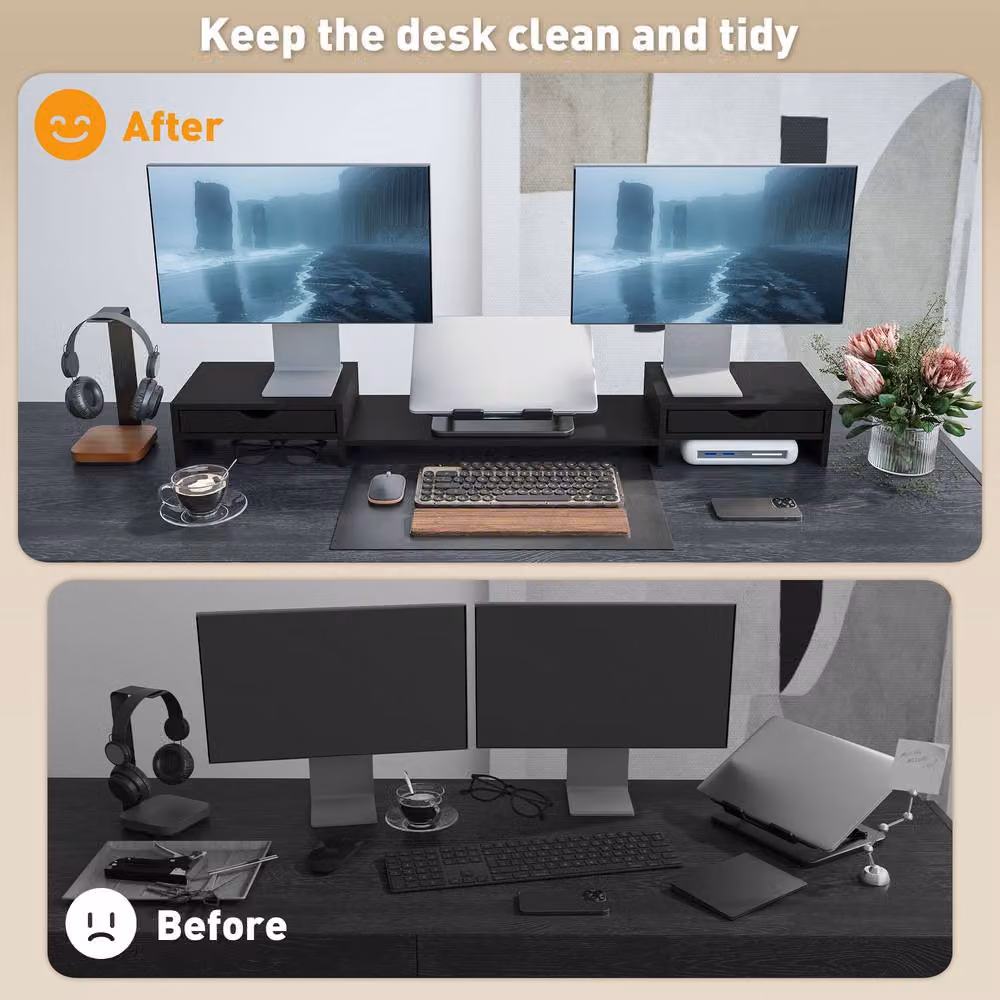 STILVORA Adjustable Monitor Stand Riser with 2 Drawers in Matt Black – 7
