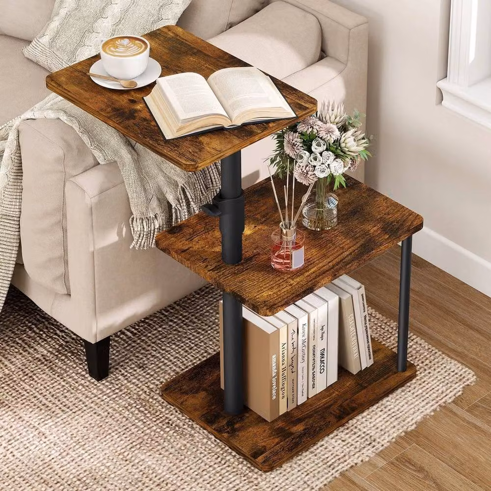 KORVIXA 3 Tier Height Adjustable Sofa Side Table in Brown – 3