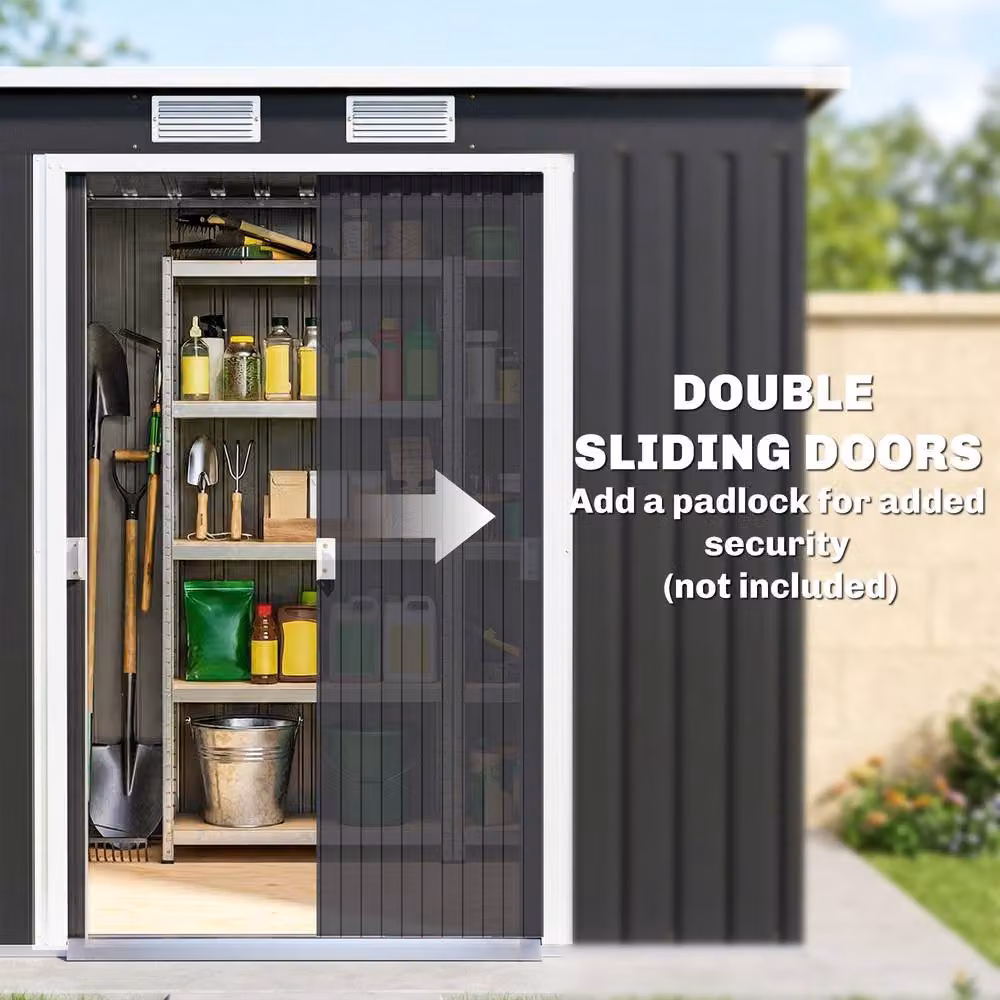 Rolipo Galvanised Steel Garden Shed with Foundation Kit and Double Doors, Dark Grey, W: 213.4 cm, D: 121.9 cm, H: 172 cm – 6