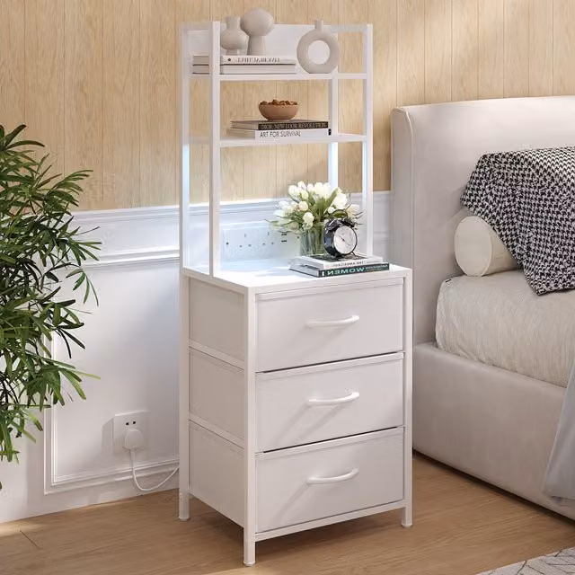 Livingandhome Minimalist 3-Drawer Bedside Cabinet with Integrated Lighting in White