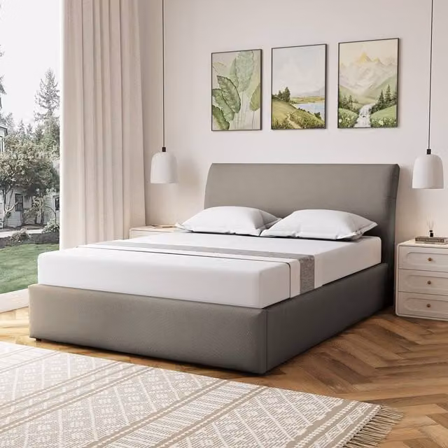 Artemis Home Bethany Upholstered Fabric Ottoman Bed Frame with Storage in Light Brown, Size: King (150 x 200 cm)