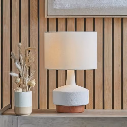 Pacific Lifestyle Ruma White Ceramic Table Lamp with Wood Effect Textured Base and Fabric Shade