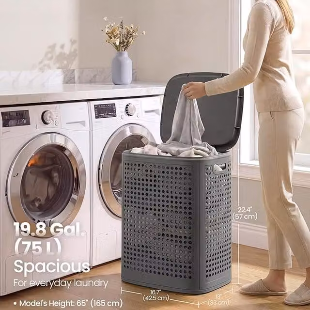 SONGMICS 75L Slim Plastic Laundry Hamper with Lid, Grey (H 57.0 x W 42.5 x D 33.0 cm)