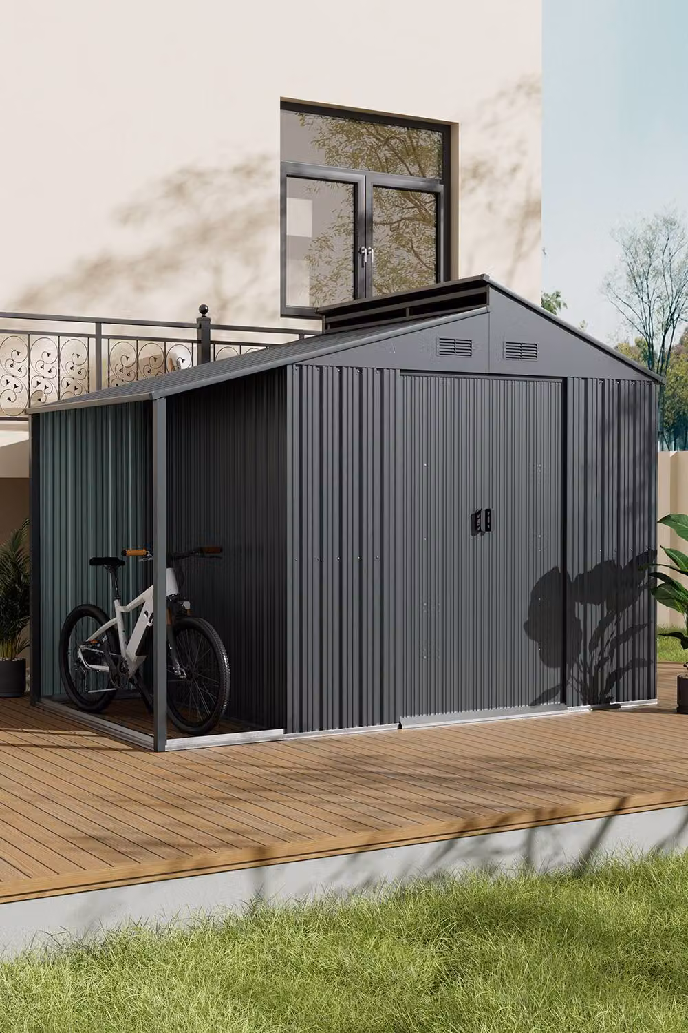 Living and Home Grey Galvanised Steel Outdoor Garden Storage Shed with Lean-to, W/D/H: 300 x 222 x 173 cm – 3