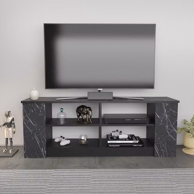 Decorotika Space Modern TV Unit in White Marble Effect and White, W: 140 cm, D: 35 cm, H: 51.8 cm