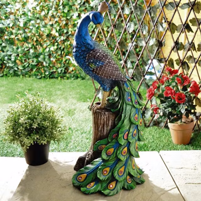 mysmartbuy Solar Peacock Ornament, Multicolour Weatherproof Polyresin Outdoor Garden Decoration with Red LED Lights, H: 48 cm, W: 21 cm, D: 18 cm – 1