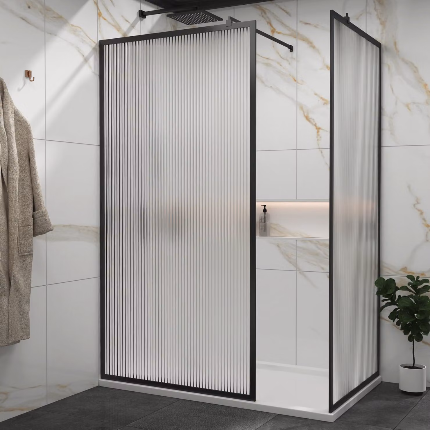 Royal Bathrooms Luxor Walk In Fluted Shower Enclosure with Matt Black Frame and Acrylic Tray, W: 120 cm, D: 76 cm