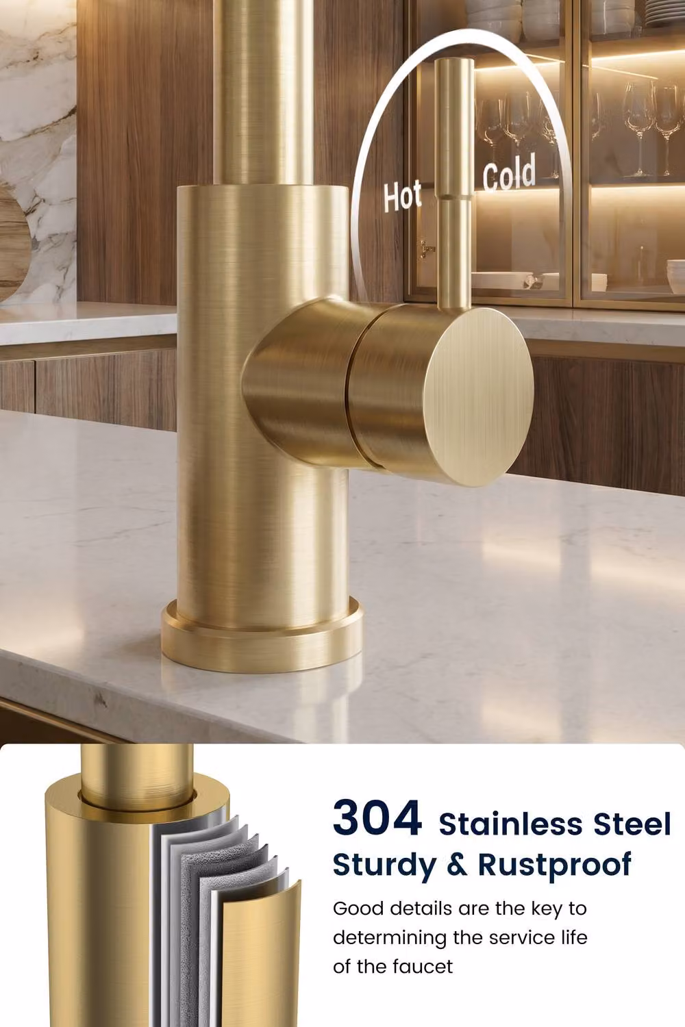 JANLEMNY Brushed Gold Waterfall Pull-Out Spray 3-Function Kitchen Mixer Tap – 5
