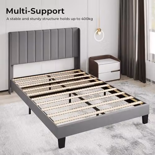 Levede Upholstered Double Bed Frame with Channel Tufted Wingback Headboard in Grey, W/D/H: 140 x 200 x 104 cm – 4