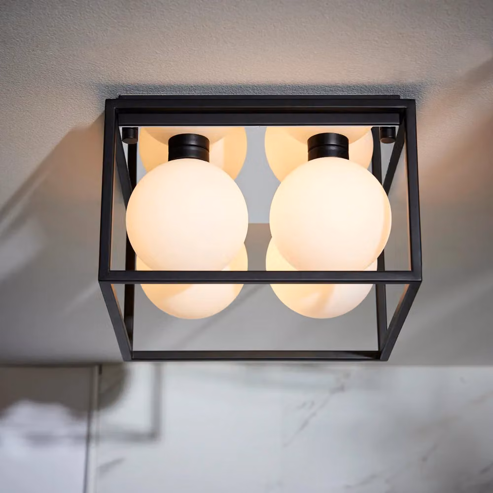 Loops Matt Black Square Framed Semi Flush Bathroom Ceiling Light with Sphere Glass Shades – 5