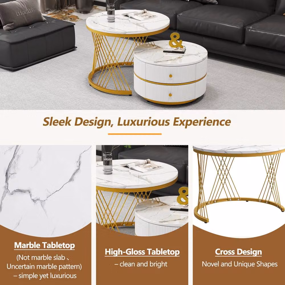 ModernLuxe Set of 2 High Gloss Round Nesting Coffee Tables with Drawers in White and Gold – 5