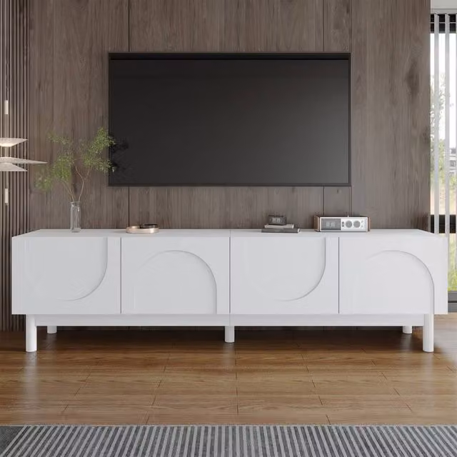 Merax White Low TV Stand with Four Push-to-Open Doors and Solid Wood Legs, W: 169 cm, D: 45.5 cm, H: 45.5 cm – 1