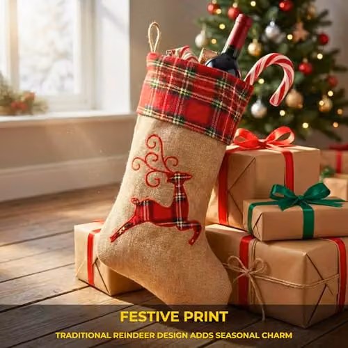 Shatchi Reindeer Christmas Stocking in Brown Burlap Hessian Linen, 45 cm – 4