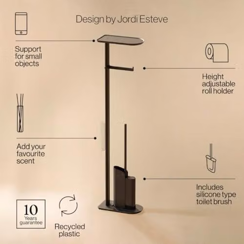 COSMIC Freestanding Flat Base Toilet Paper Holder with Integrated Ultra-Slim Silicone Toilet Brush in Matte Black – 2