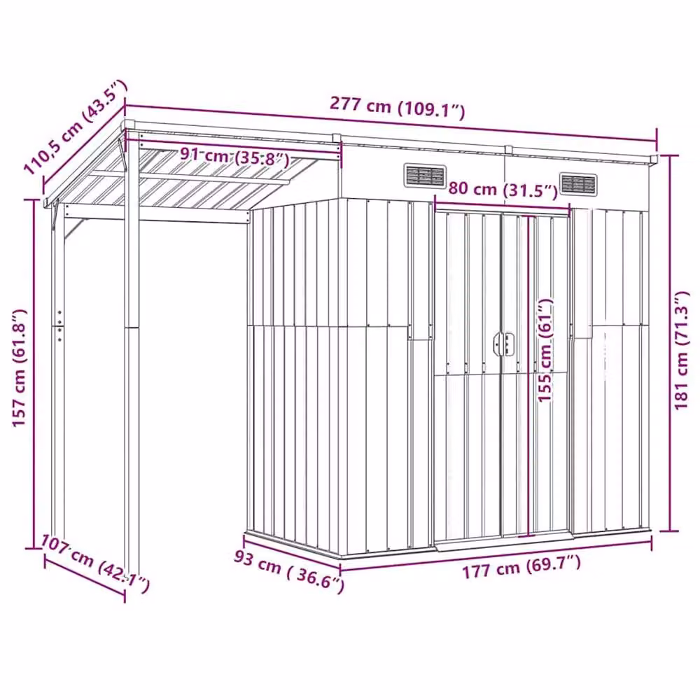 Berkfield Home Garden Pent Shed with Extended Roof in Green, W/D/H: 277 x 110.5 x 181 cm – 6