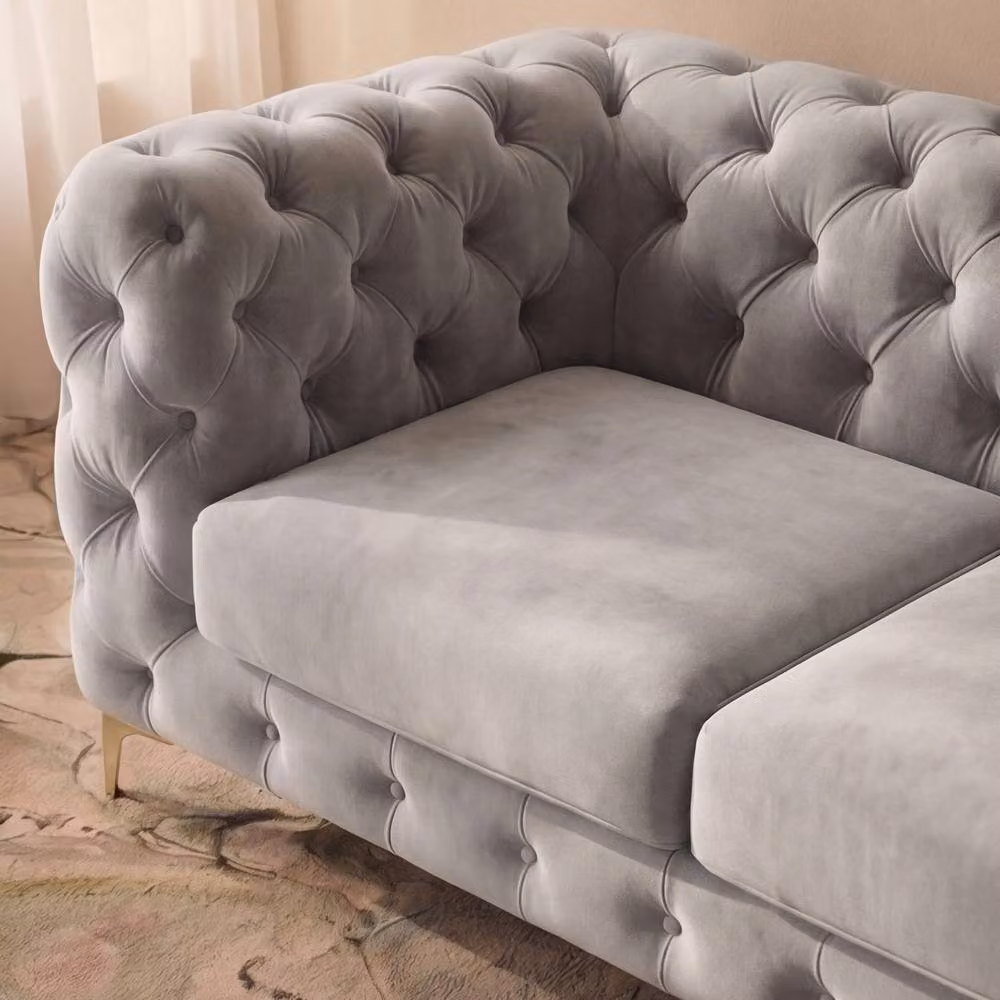 Sofaya Monaco Chesterfield 4 Seater L-Shaped Sofa in Light Grey Velvet with Left Hand Chaise – 3