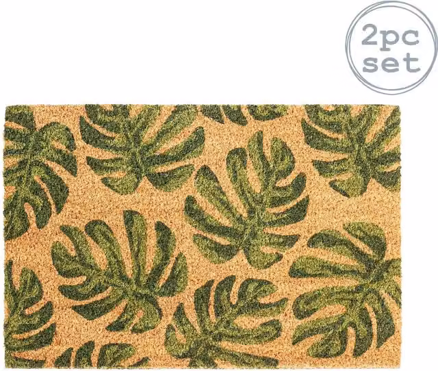 Nicola Spring Monstera Coir Door Mats, Pack of 2, Green, W: 90 cm, D: 60 cm