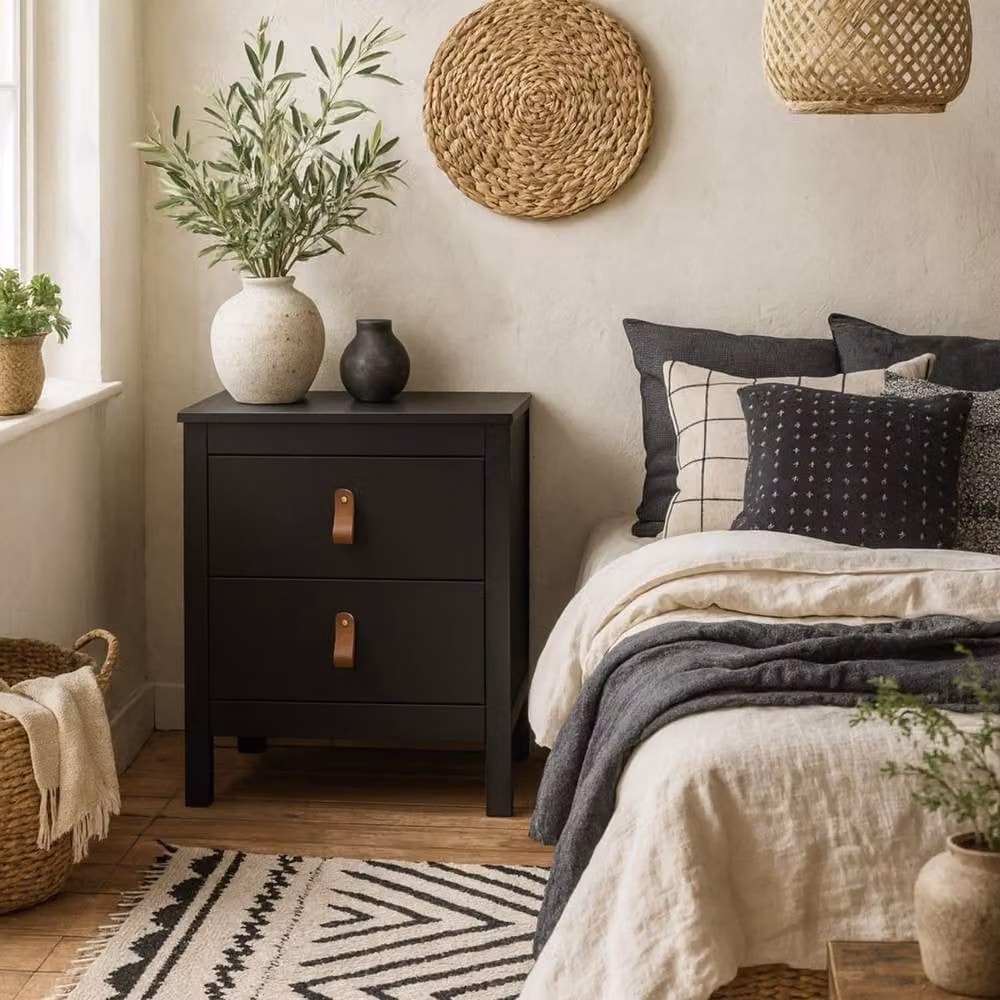 Wyld Haus Wildberry Matt Black Bedside Table with 2 Drawers and Leather Strap Handles – 2