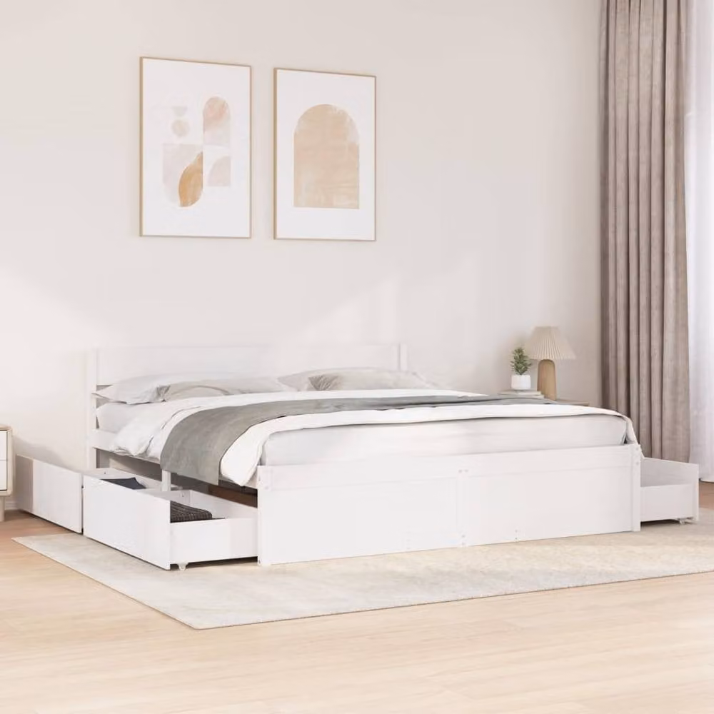 Berkfield Home Super King Solid Wood Pine Bed Frame with Drawers, White, W: 180 cm, D: 200 cm