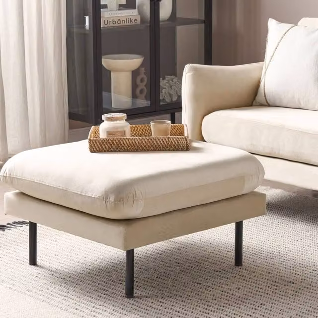Wyld Haus Modern Velvet Cube Ottoman in Beige with Metal Legs