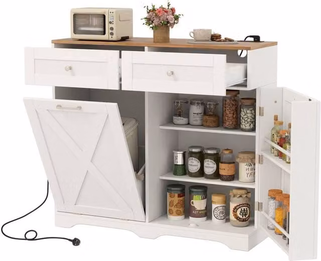 Costway White Tilt Out Trash Can Cabinet with Integrated Outlets and 2 Drawers