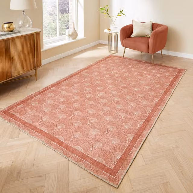 Catherine Lansfield Deco Peacock Washable Art Deco Flat Weave Rug in Orange/Terracotta