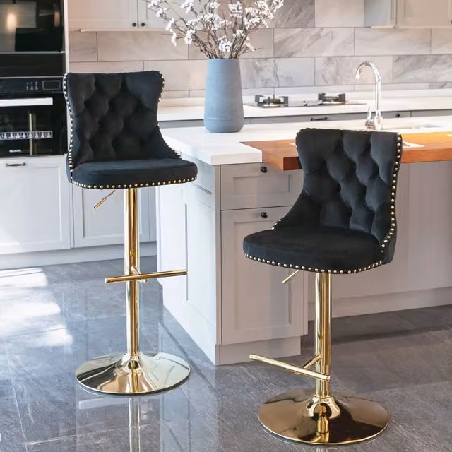 Modern Home Touch Set of 2 Luxury Black Velvet Swivel Bar Stools with Gold Metal Base