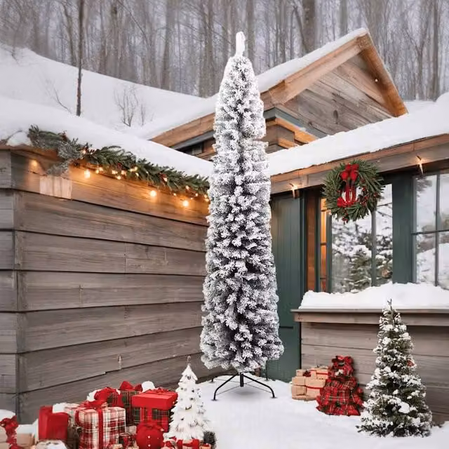 Berkfield Home Slim Flocked Snow Artificial Christmas Tree in Green and White, Height: 240 cm
