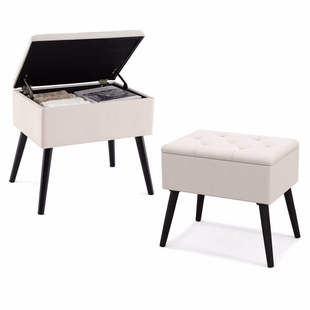 Costway Velvet Flip Top Storage Ottoman Stool with Solid Wood Legs in Beige – 3